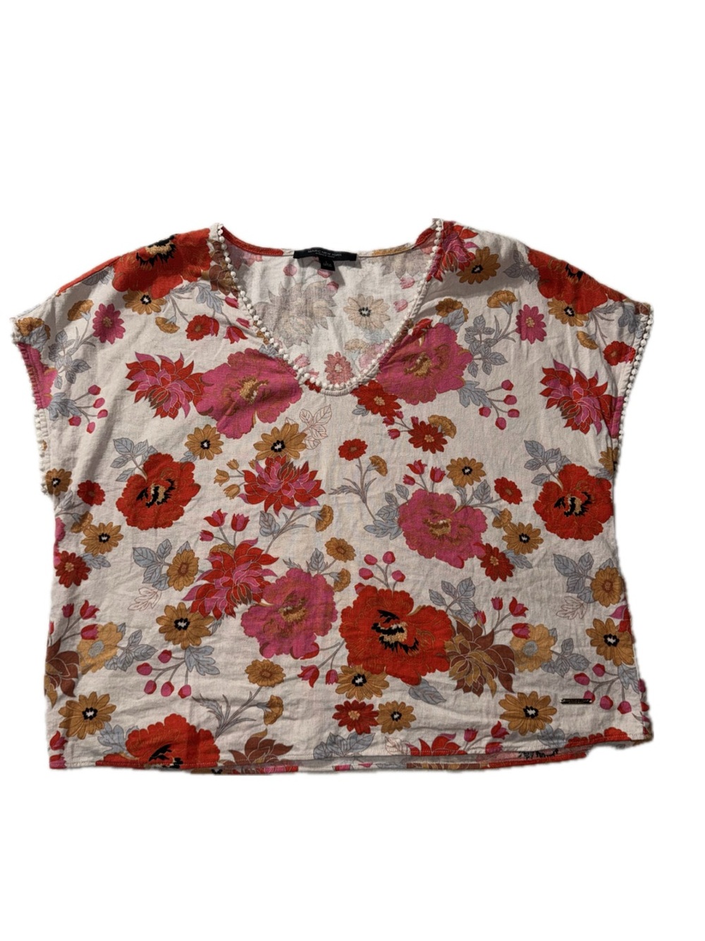 Floral V-Neck Short Sleeve Top — Pink & Red